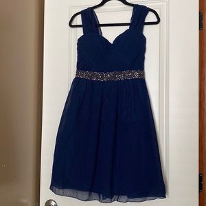 Little Mistress dark/navy blue formal mini dress with sequin waistband